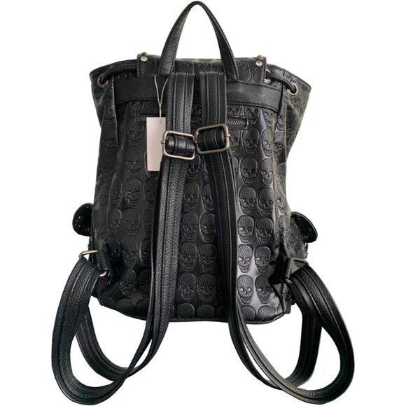 Women Black Faux Leather Skull Rhinestones Rucksack Daypack with Multi-Pockets a main image 4